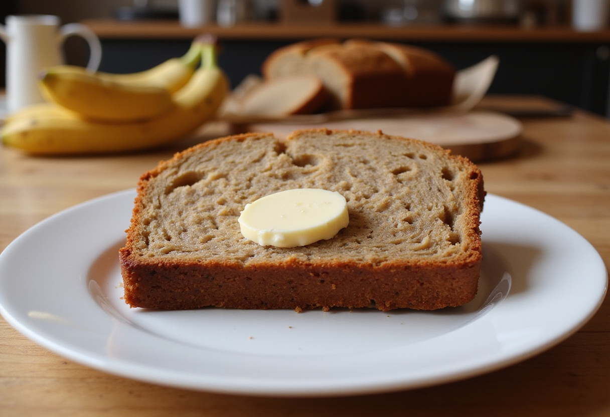 Freshly baked 4 Ingredient Banana Bread slice served with butter.
