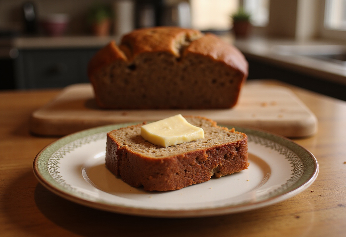 Freshly baked 4 Ingredient Banana Bread slice served with butter.