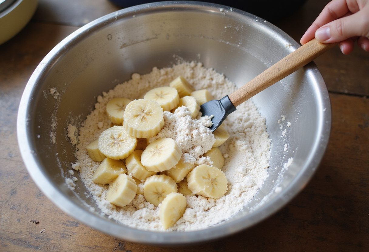 Folding self-rising flour and mashed bananas for 4 Ingredient Banana Bread.