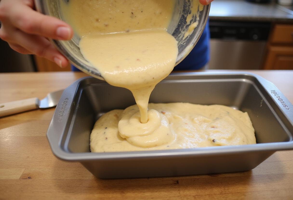 Pouring banana bread batter into a loaf pan for baking 4 ingredient banana bread.