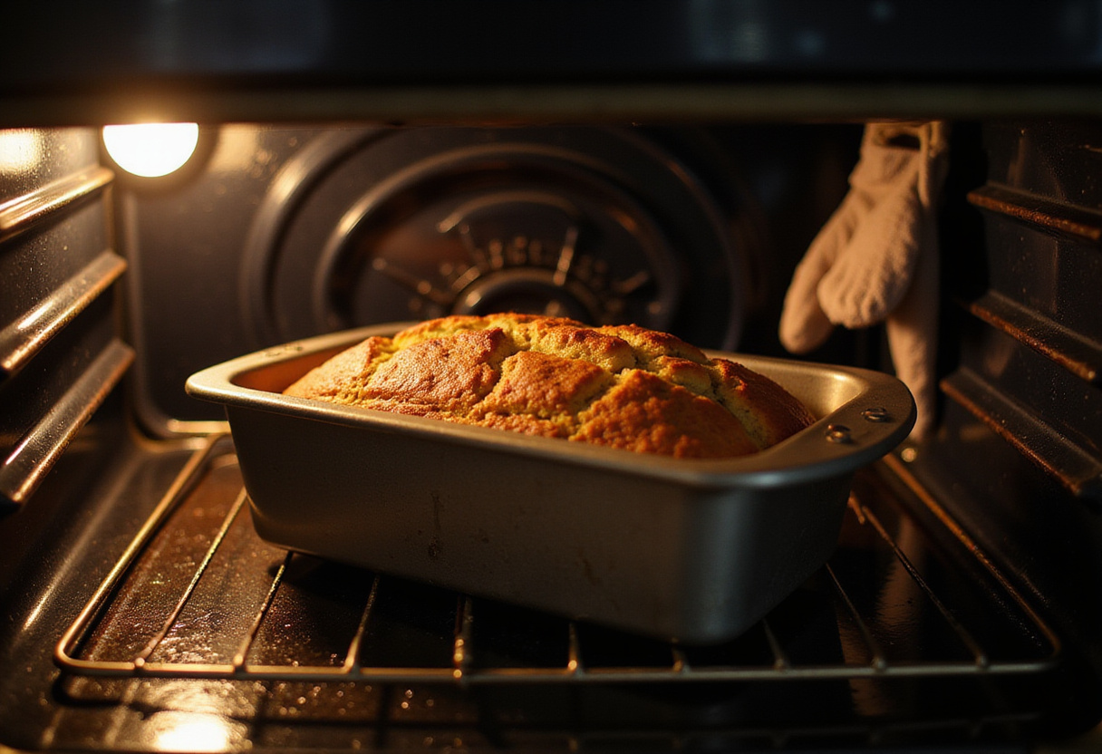 Banana bread baking in the oven for 4 ingredient banana bread.