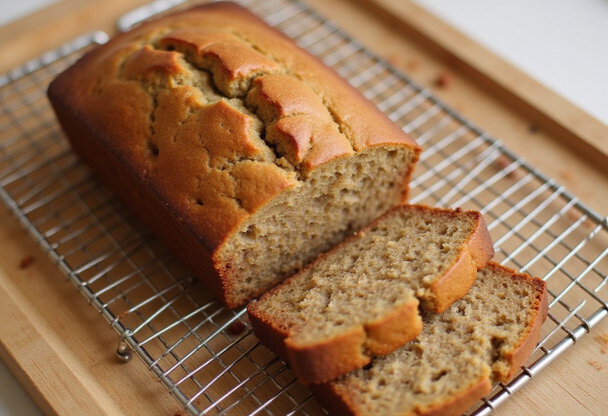Freshly baked banana zucchini bread cooling on a rack.