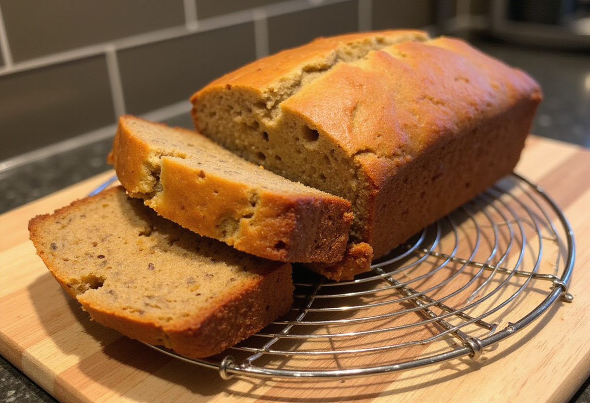 Freshly baked banana zucchini bread cooling on a rack.