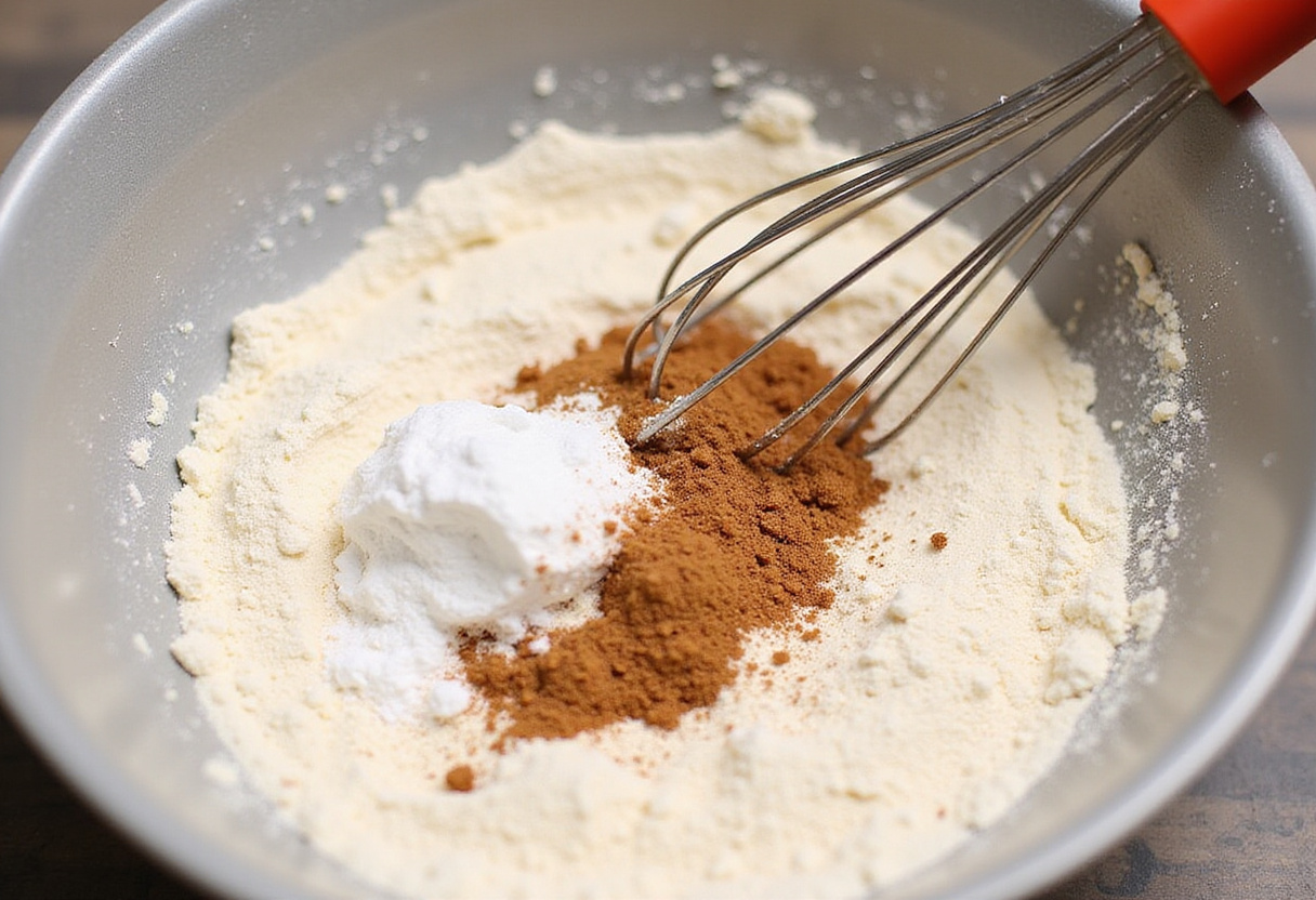 Dry ingredients being whisked in a bowl for banana zucchini bread recipe.