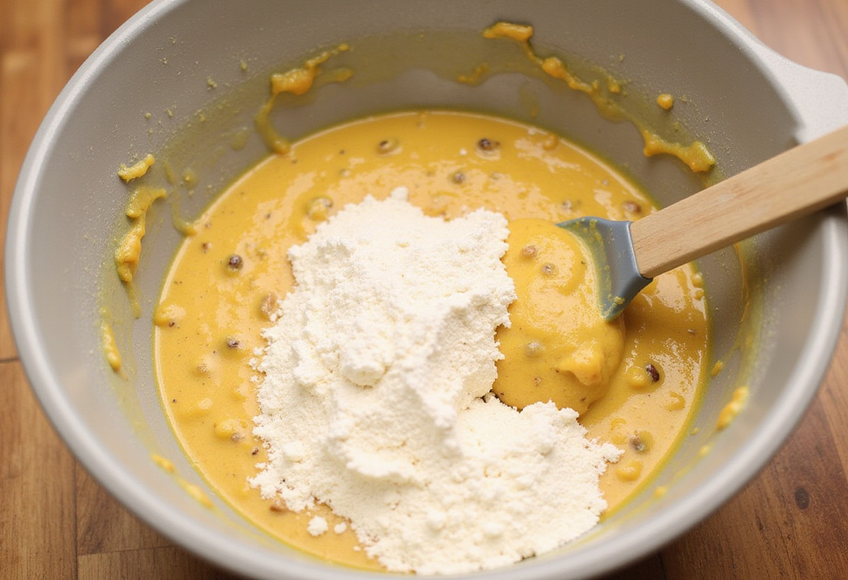 Folding wet and dry ingredients together for banana zucchini bread batter.