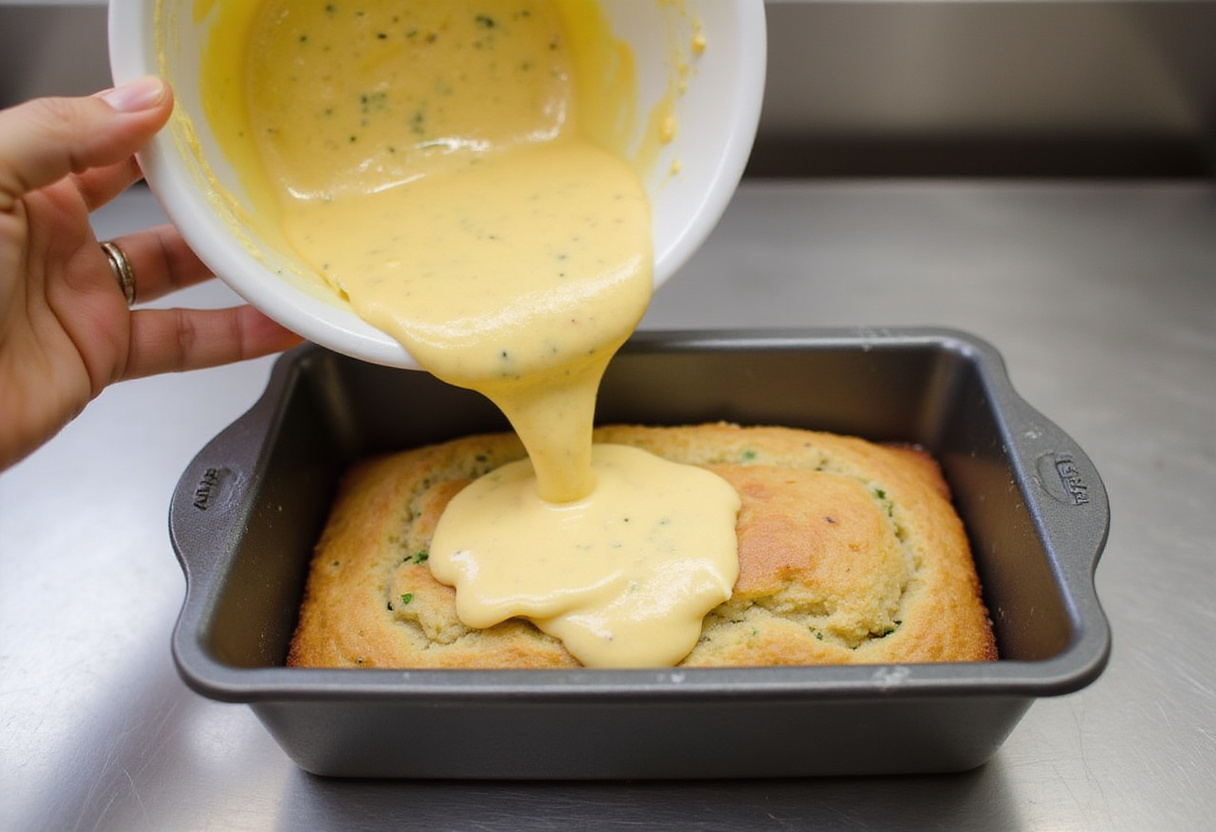 Batter for banana zucchini bread being poured into a loaf pan.