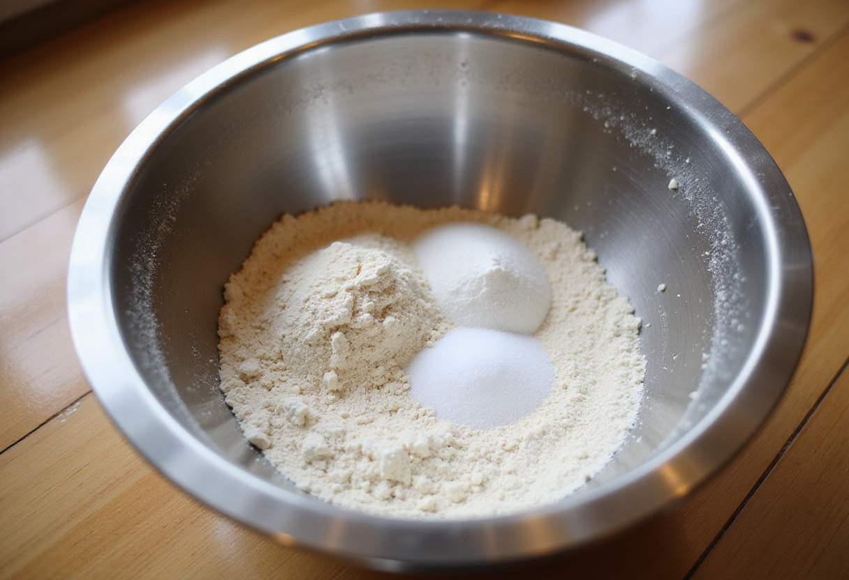 Ingredients for homemade bread recipe in a mixing bowl.