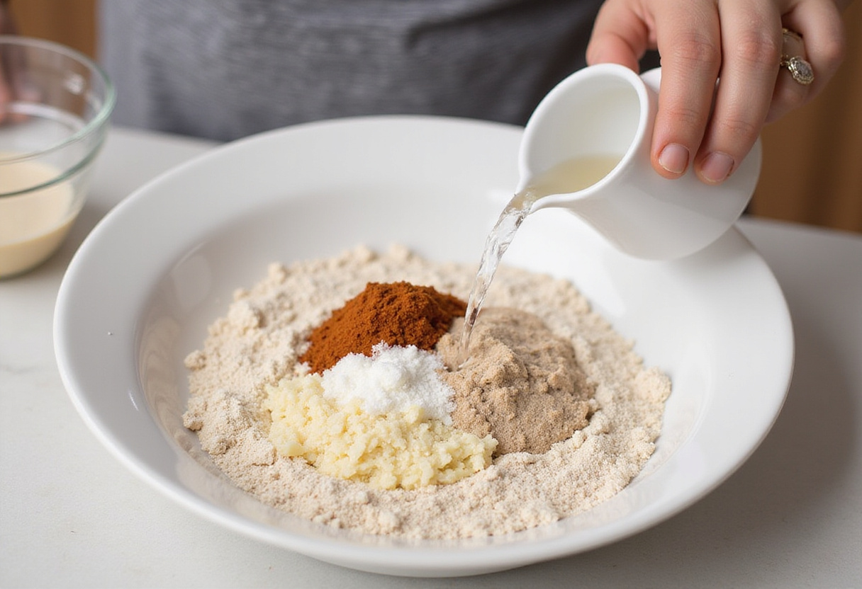 Adding water to bread dough ingredients.
