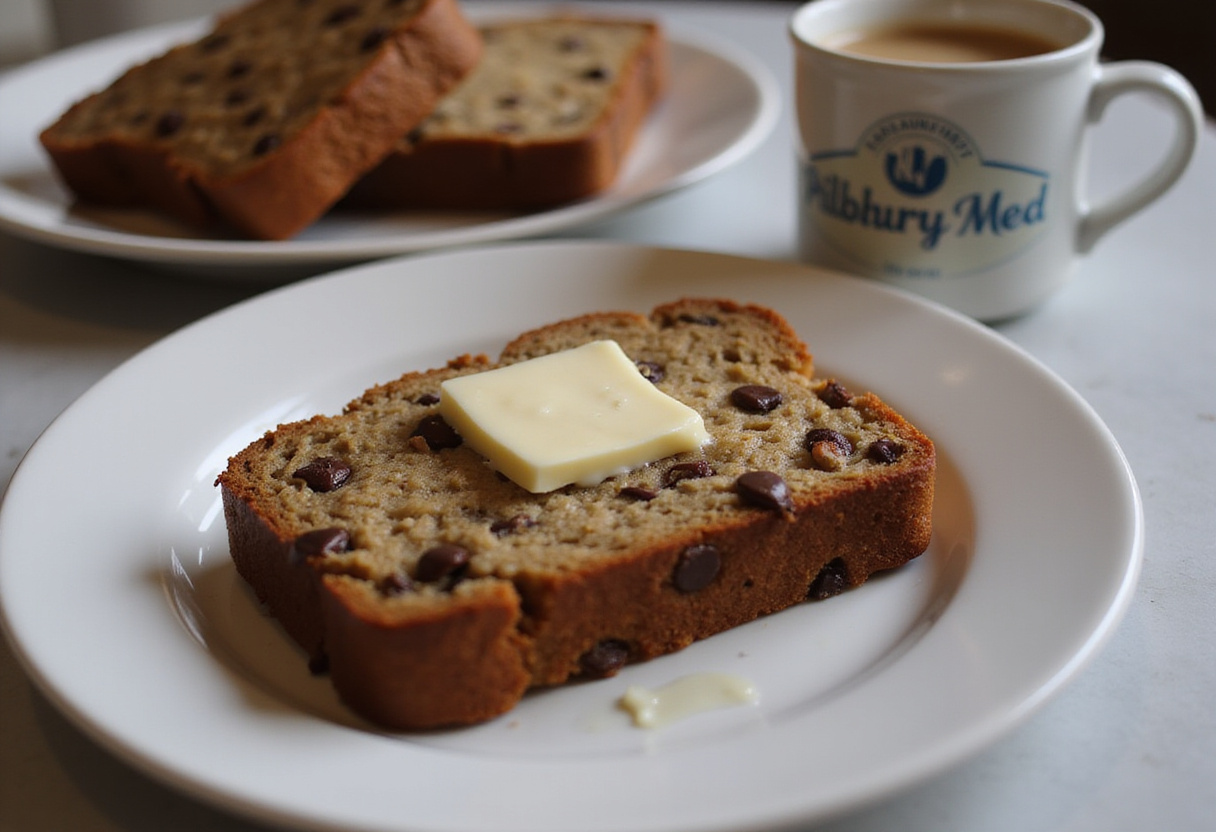 Delicious Pillsbury banana bread slice with chocolate chips and walnuts, perfect for breakfast or snack.
