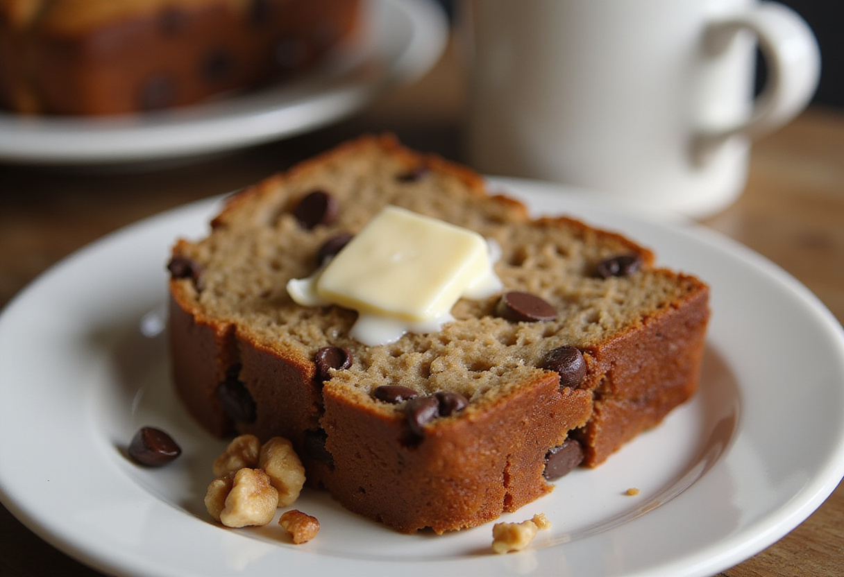 Delicious Pillsbury banana bread slice with chocolate chips and walnuts, perfect for breakfast or snack.