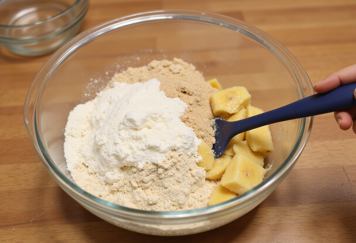 Mixing ingredients for a delicious Pillsbury banana bread batter.