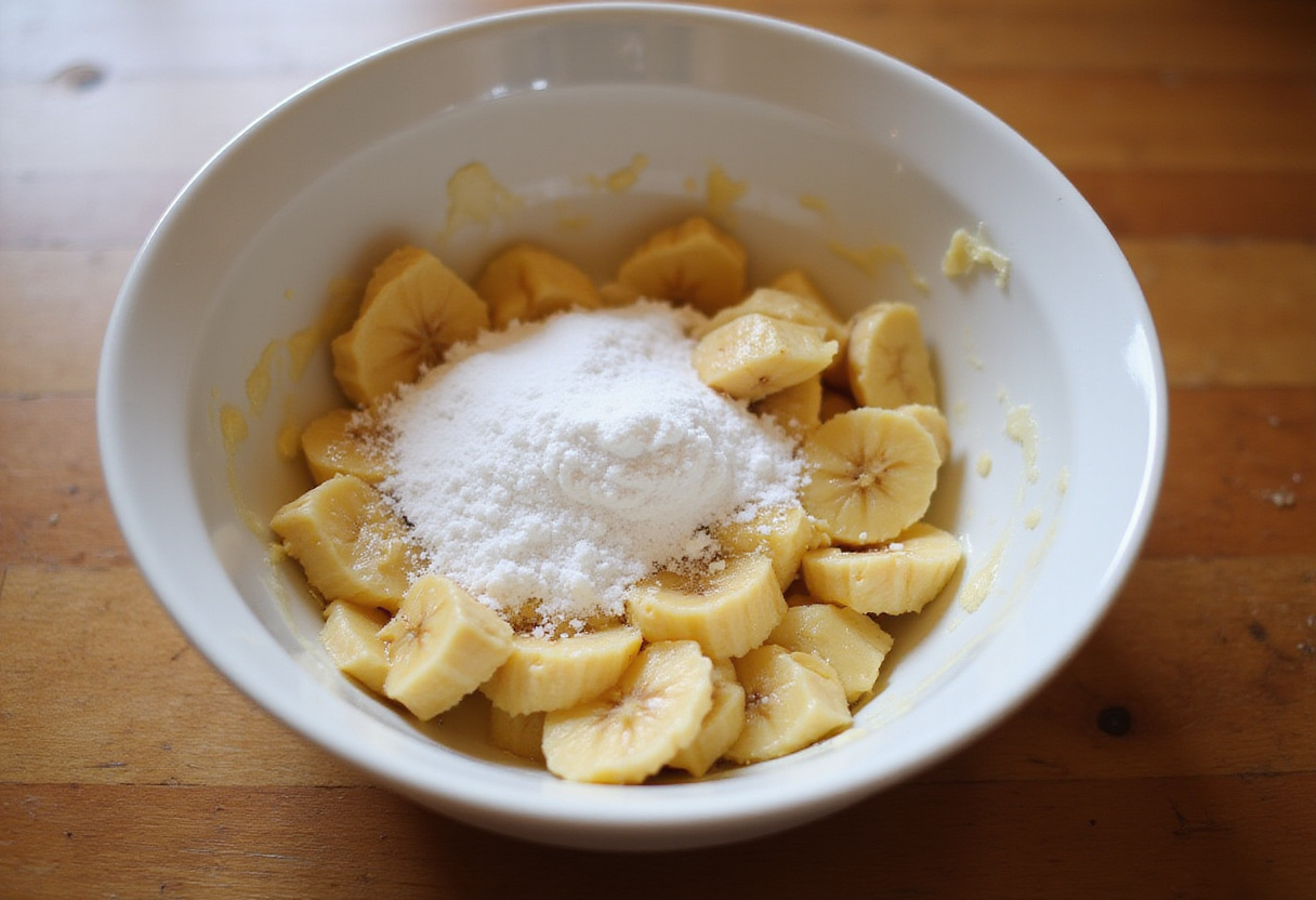 Ingredients for Starbucks banana bread recipe: mashed bananas, sugar, and melted butter.