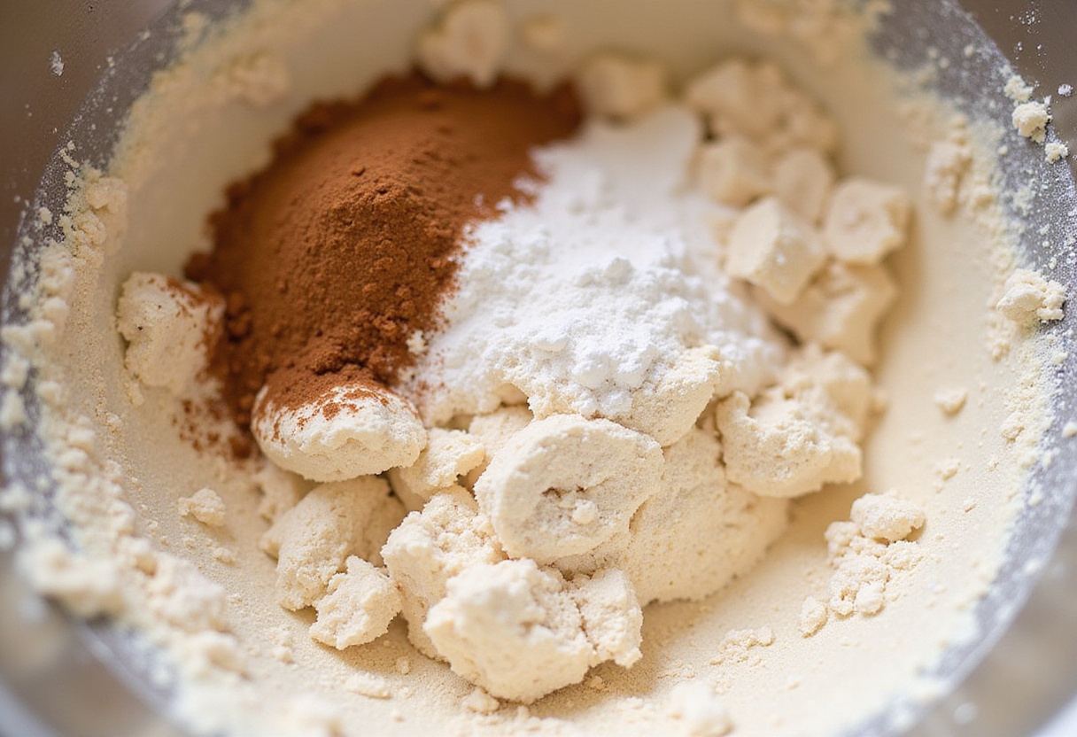 Dry ingredients for Starbucks banana bread being mixed: flour, baking soda, and cinnamon.