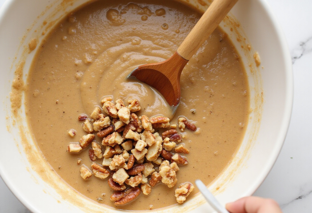 Adding chopped nuts to Starbucks banana bread batter.