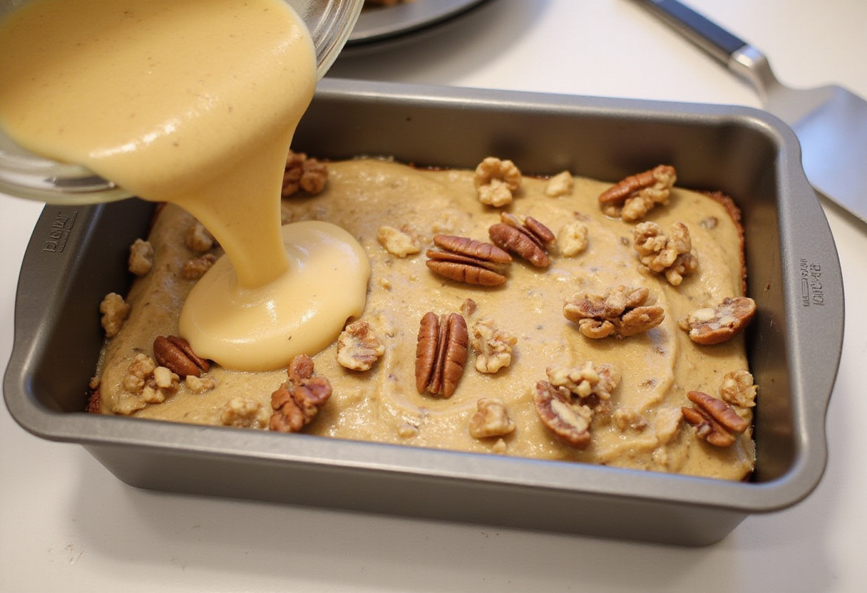 Pouring nut-infused banana bread batter into a loaf pan for baking.