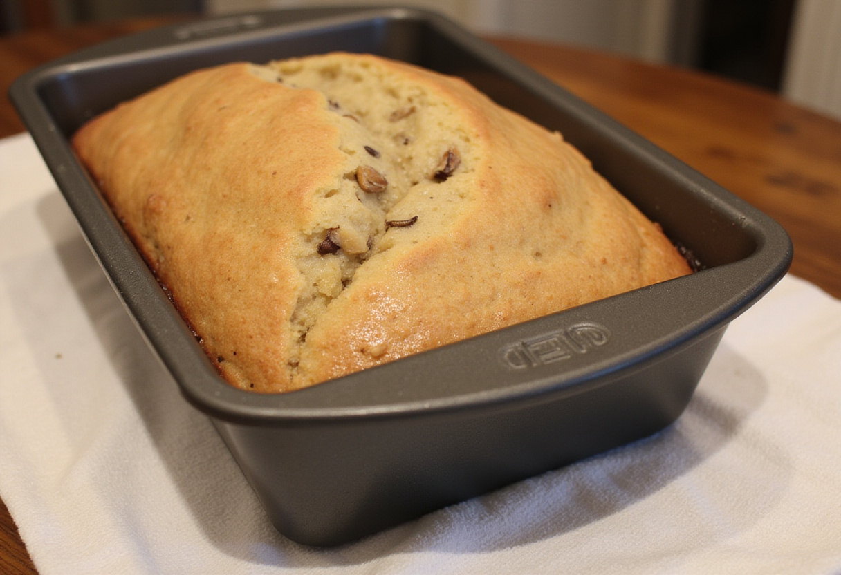 Prepared loaf pan ready for banana bread batter with ingredient substitutions.
