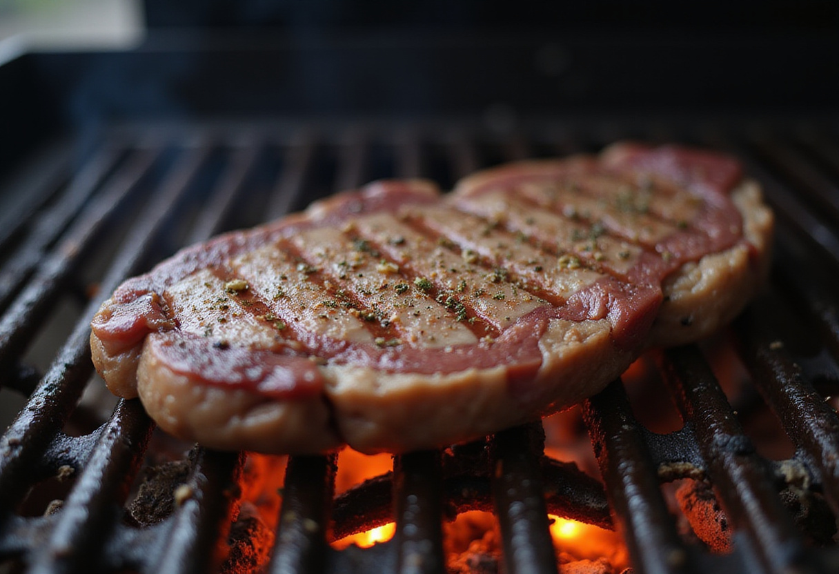 Seasoning steak for cold steak salad preparation.