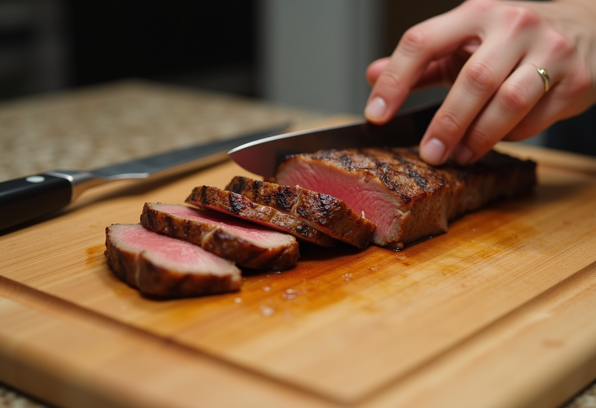Slicing grilled steak for cold steak salad.