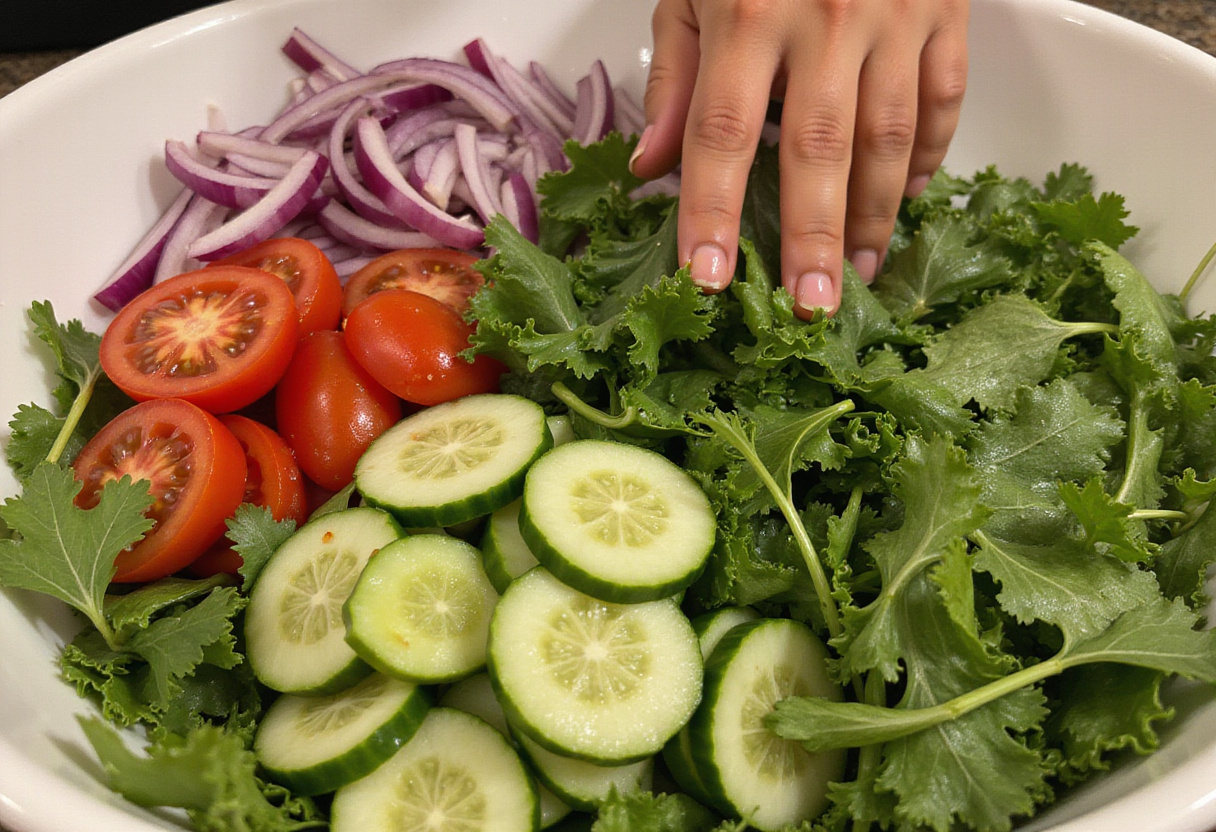 Preparing fresh salad ingredients for cold steak salad.