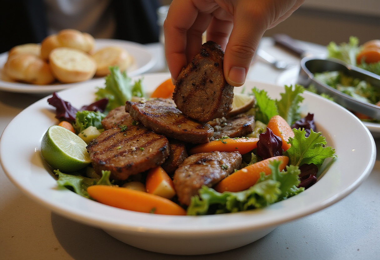 Adding sliced steak to salad for a cold steak salad recipe.