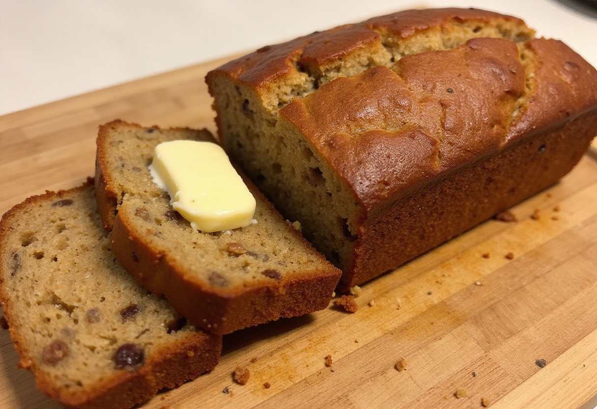 Perfectly baked Chrissy Teigen Banana Bread, sliced and ready to eat.