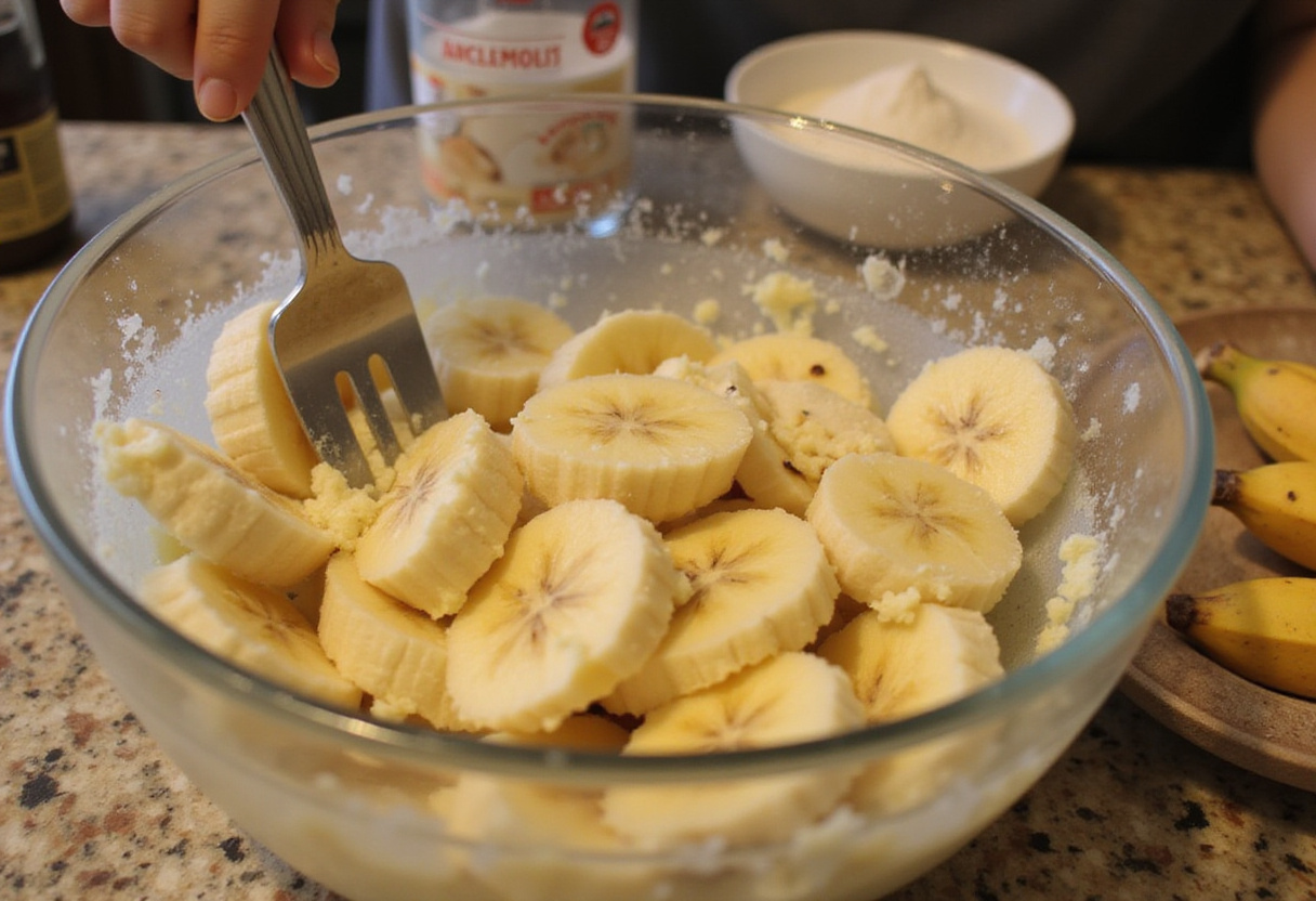 Mashing ripe bananas for Chrissy Teigen's Banana Bread recipe.