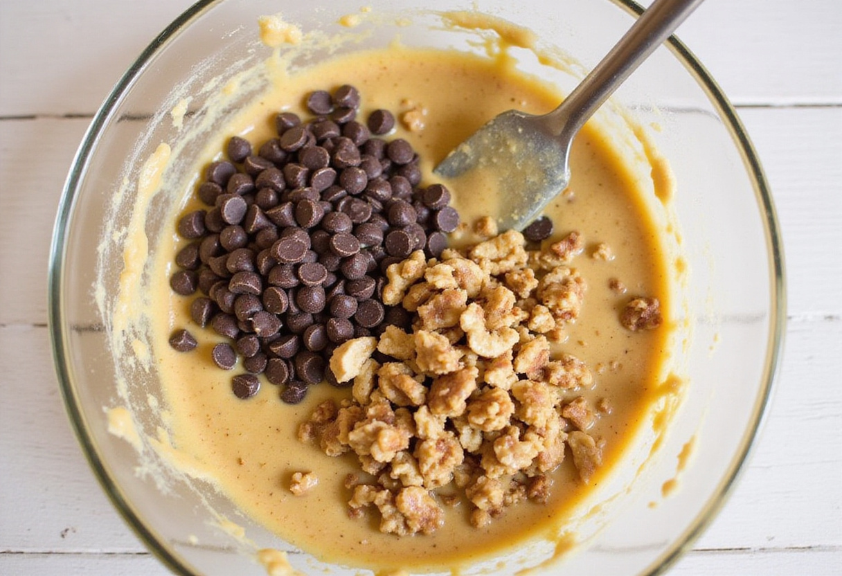 Folding walnuts and chocolate chips into banana bread batter, inspired by Chrissy Teigen.
