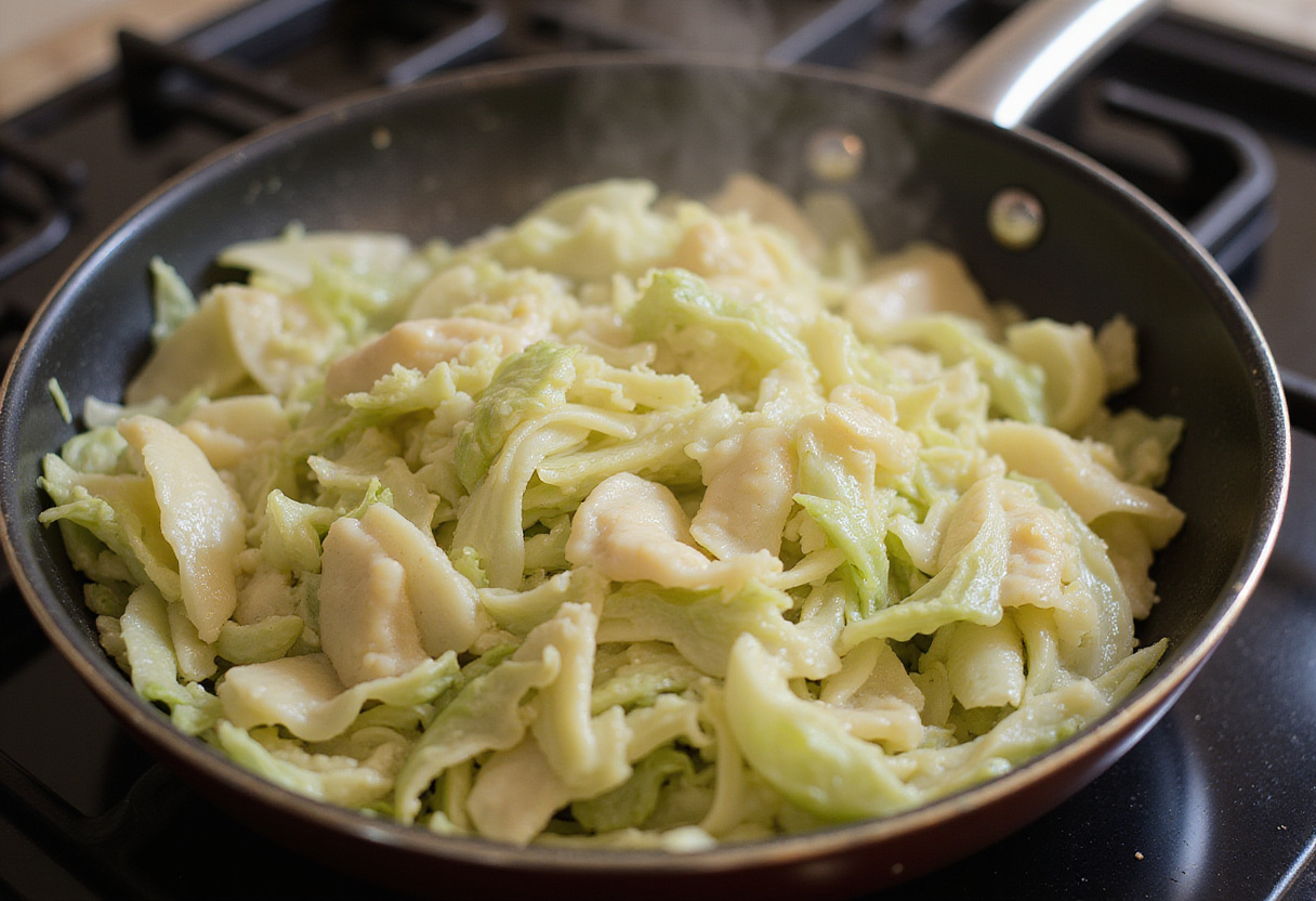 SautƩing shredded cabbage for homemade cabbage bread.