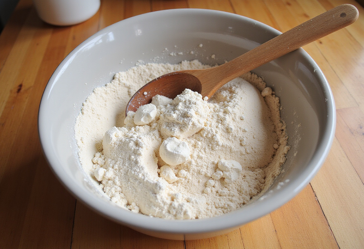 Dry ingredients for homemade cabbage bread in a mixing bowl.