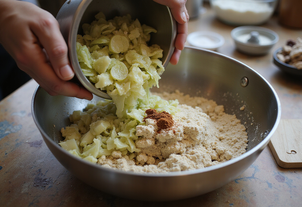 Adding cooked cabbage and flavor mix into cabbage bread dough.