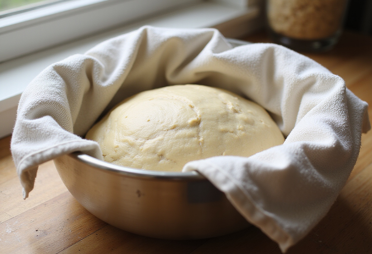 Cabbage bread dough rising covered by a towel.
