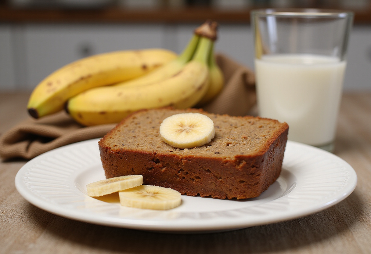 Delicious slice of high-protein banana bread with milk and banana garnish.