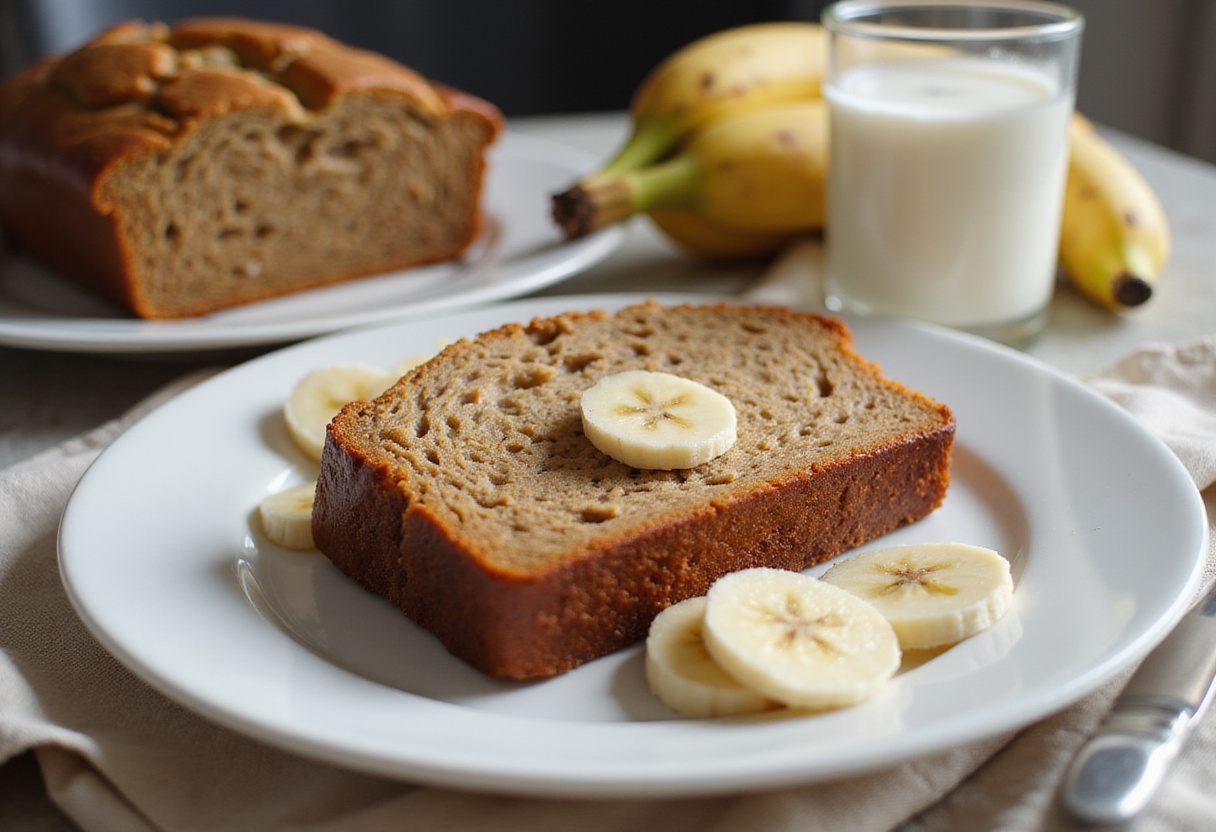 Delicious slice of high-protein banana bread with milk and banana garnish.