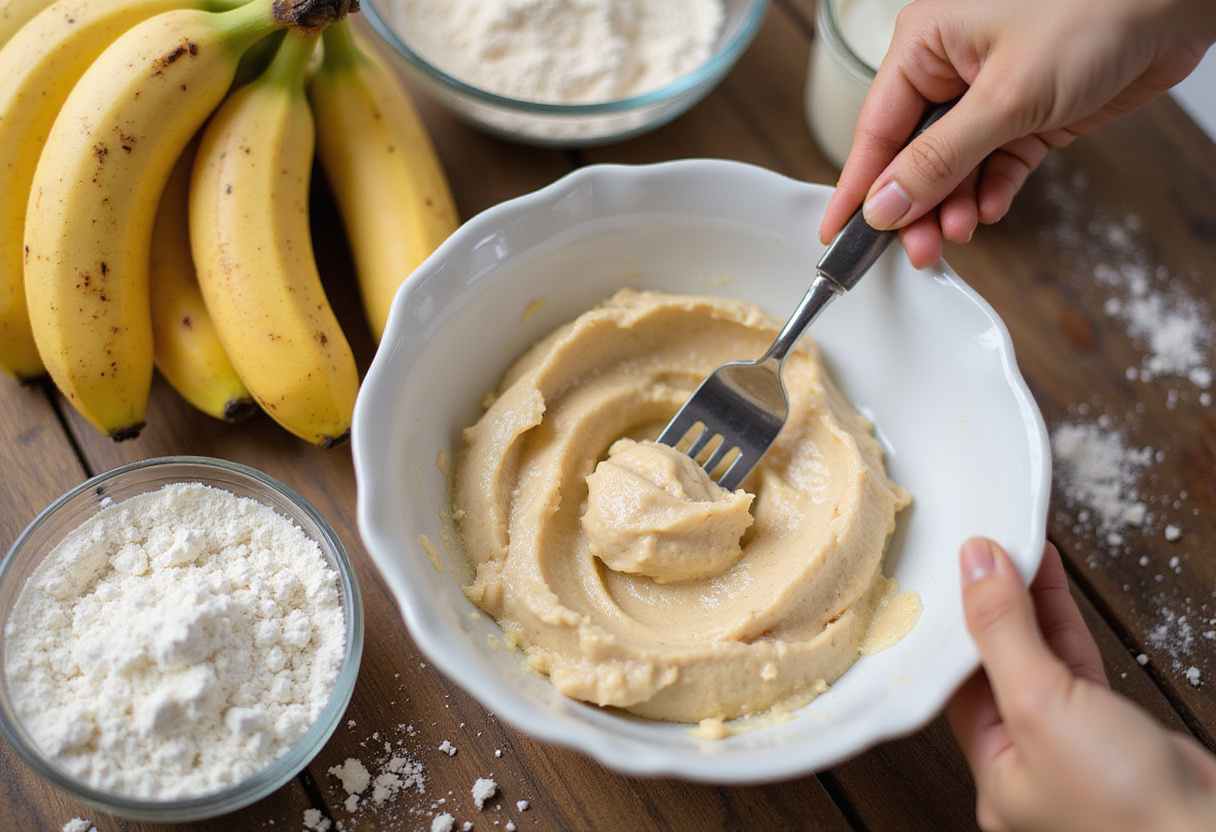 Mashing ripe bananas for high-protein banana bread.