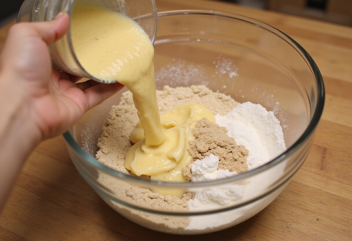 Combining mashed bananas with dry ingredients for protein banana bread.
