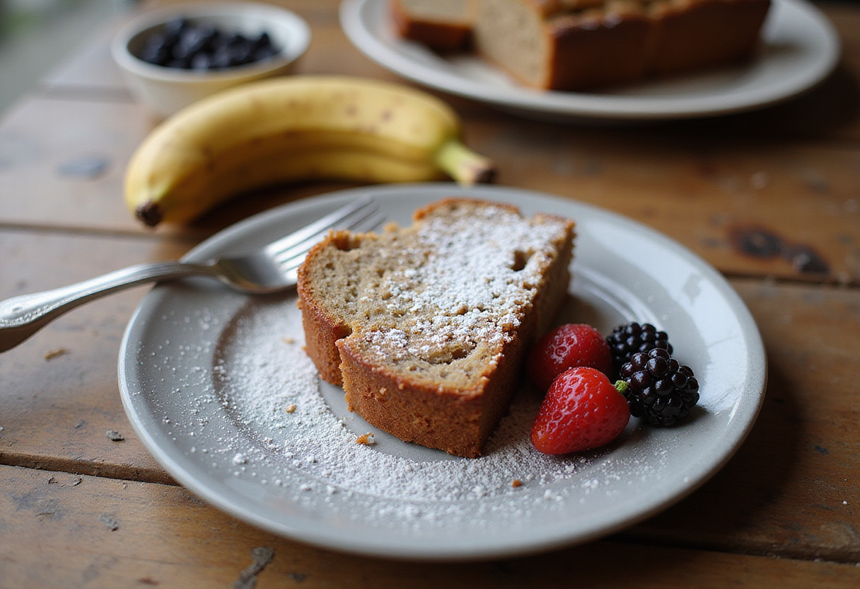 A slice of Chrissy Teigen's banana bread garnished with powdered sugar and berries.