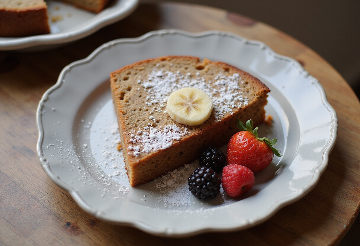 A slice of Chrissy Teigen's banana bread garnished with powdered sugar and berries.