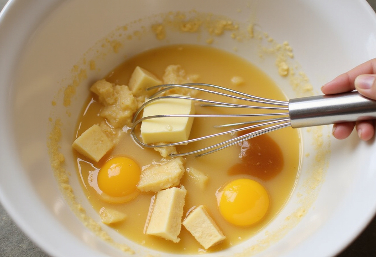 Wet ingredients being mixed in a bowl for Chrissy Teigen’s banana bread.