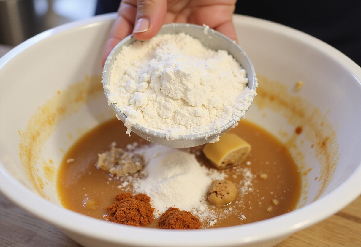 Dry ingredients being added to wet ingredients for Chrissy Teigen's banana bread.