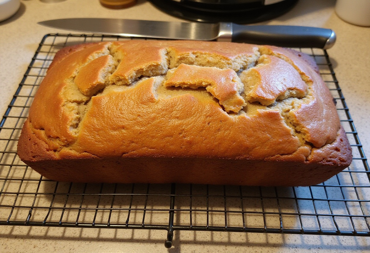 Golden brown Pillsbury banana bread cooling on a rack, ready to slice.