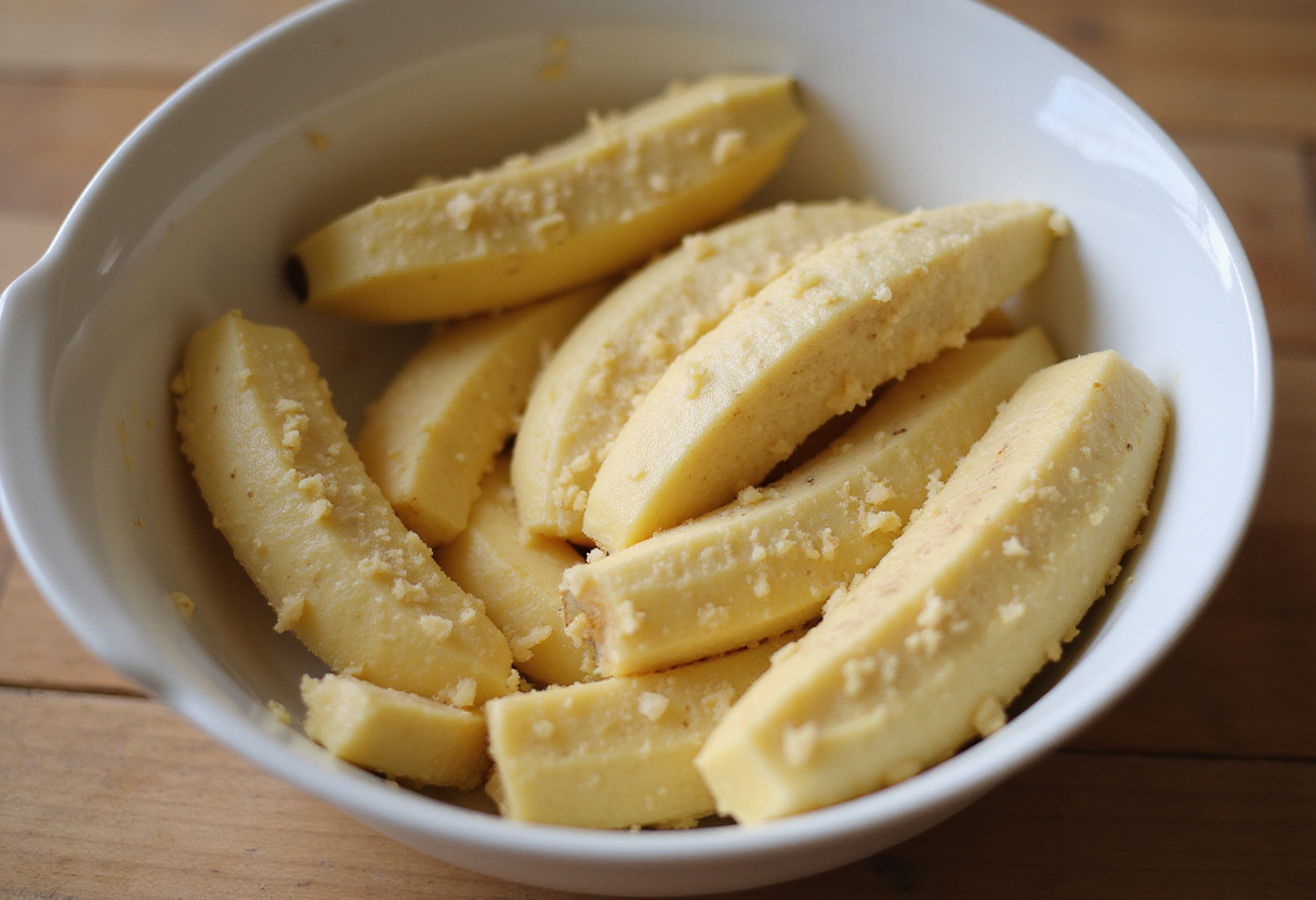 Mashed ripe bananas in a bowl, preparing for Pillsbury banana bread.