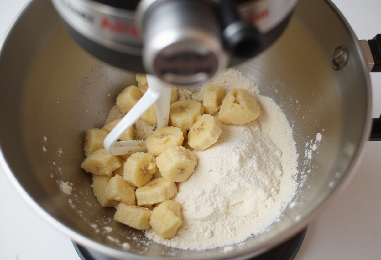 Mixing banana bread batter with flour and sugar for Pillsbury recipe.