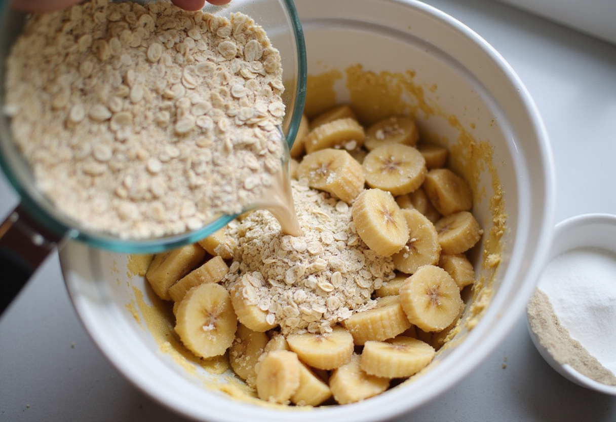 Adding oats to mashed bananas for healthy four-ingredient banana bread.