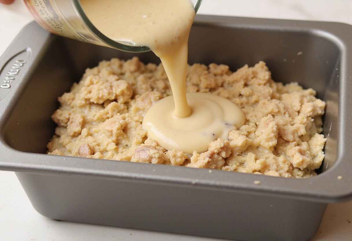 Banana and oat mixture being poured into a loaf pan for baking.