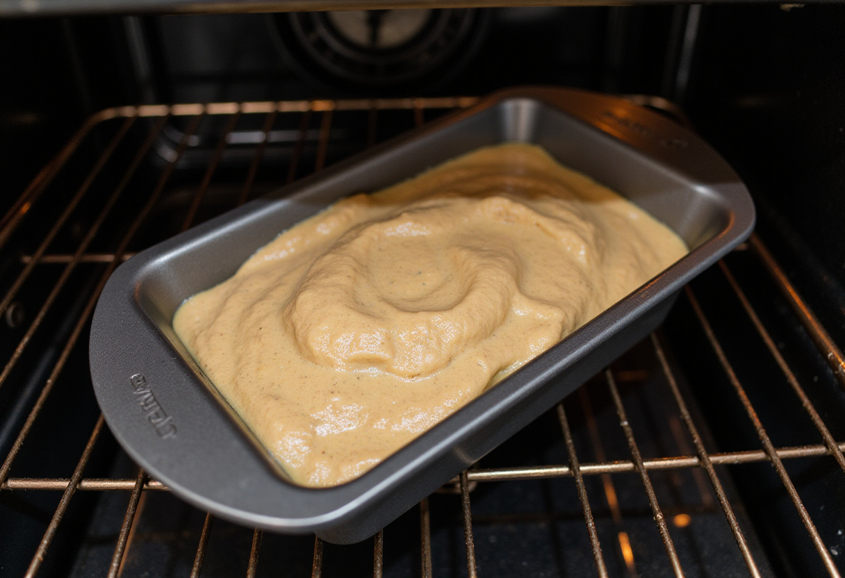 Unbaked banana bread in a loaf pan inside the oven for baking a healthy recipe.