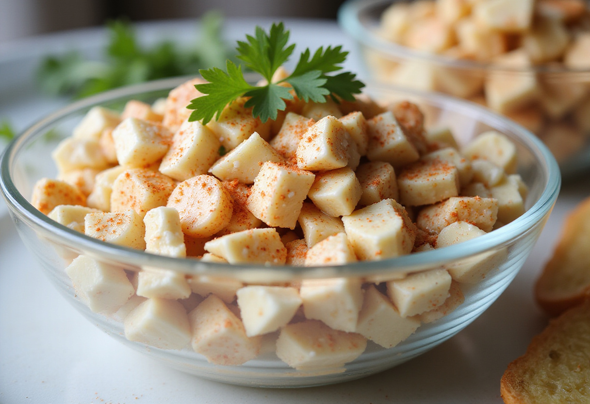 Delicious and fresh imitation crab salad served in a bowl.
