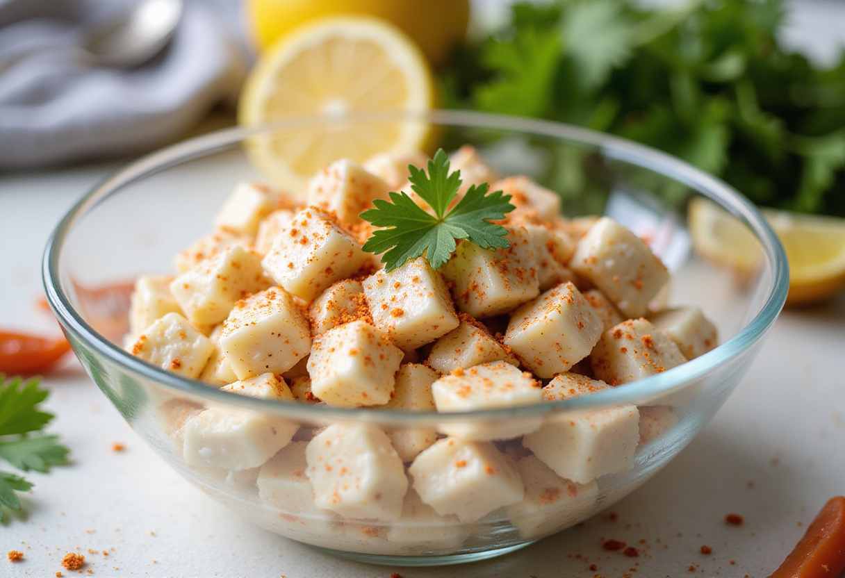 Delicious and fresh imitation crab salad served in a bowl.