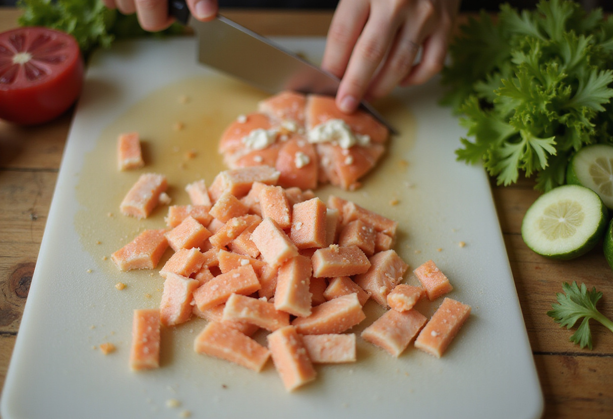 Dicing imitation crab sticks for a crab salad recipe.