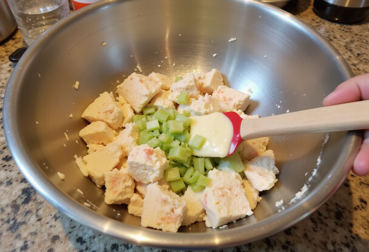 Mixing imitation crab, celery, and mayonnaise for a crab salad.
