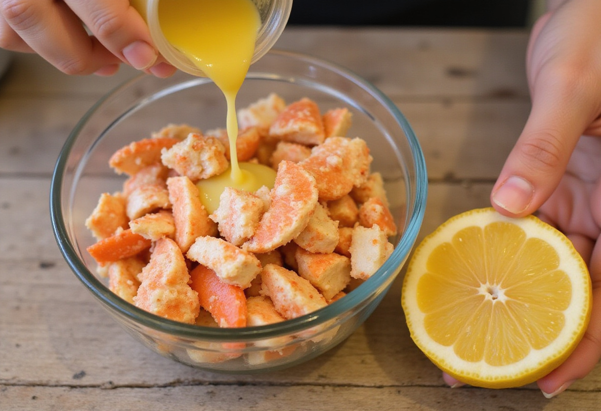 Squeezing lemon juice into imitation crab salad.